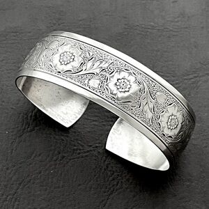 Vintage Danecraft sterling silver floral etched wide cuff bracelet